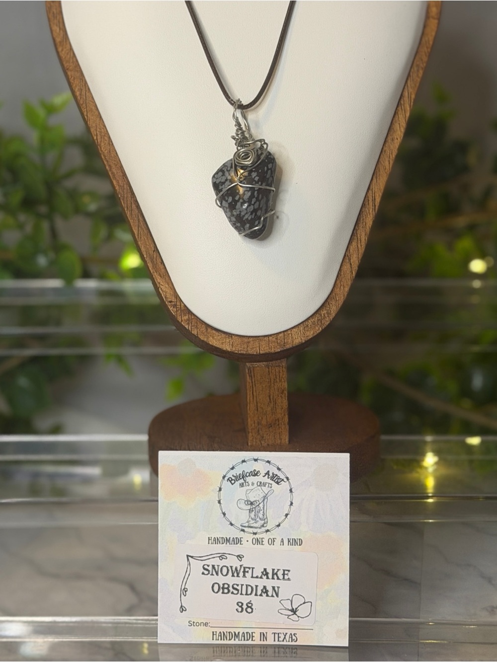 Handmade Snowflake Obsidian Pendant Necklace Brown Leather Cord 20” Texas